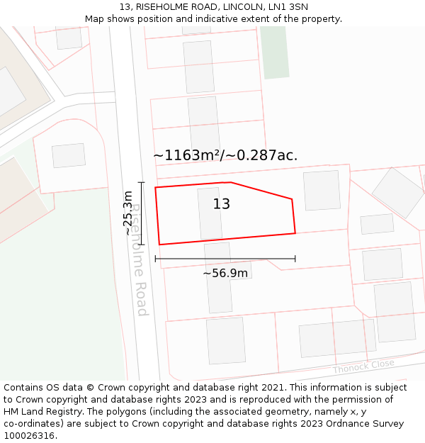 13, RISEHOLME ROAD, LINCOLN, LN1 3SN: Plot and title map