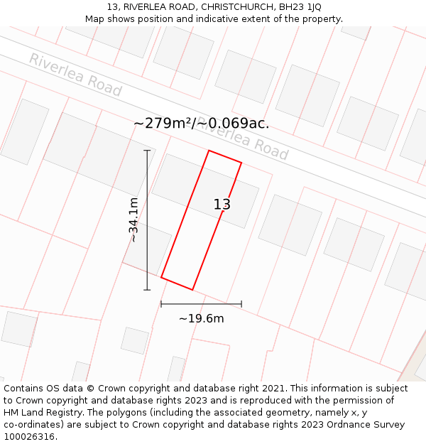 13, RIVERLEA ROAD, CHRISTCHURCH, BH23 1JQ: Plot and title map