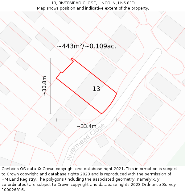 13, RIVERMEAD CLOSE, LINCOLN, LN6 8FD: Plot and title map