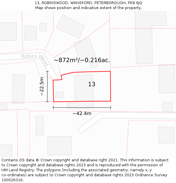 13, ROBINSWOOD, WANSFORD, PETERBOROUGH, PE8 6JQ: Plot and title map