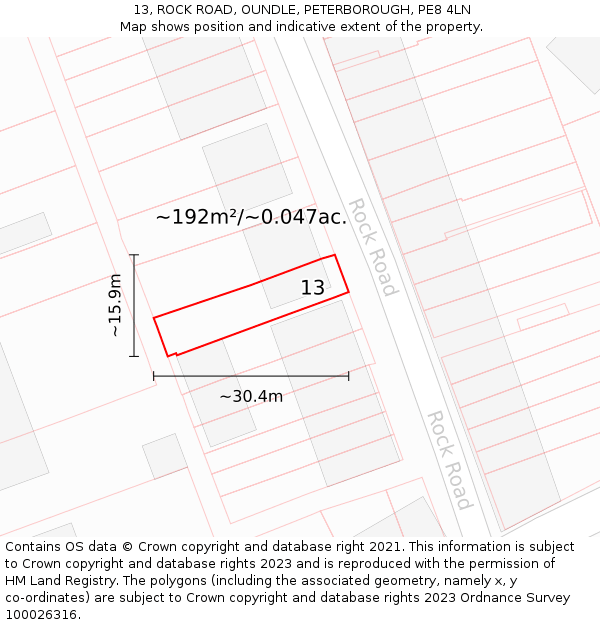 13, ROCK ROAD, OUNDLE, PETERBOROUGH, PE8 4LN: Plot and title map