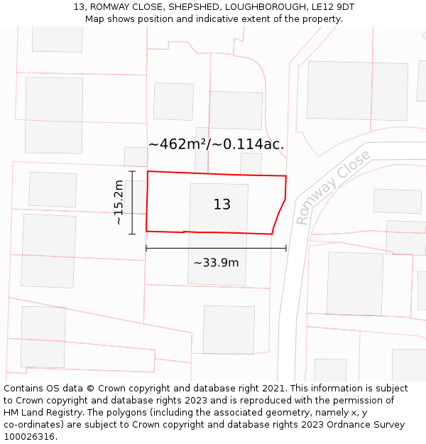 13, ROMWAY CLOSE, SHEPSHED, LOUGHBOROUGH, LE12 9DT: Plot and title map