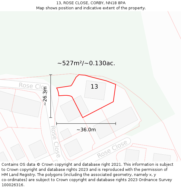 13, ROSE CLOSE, CORBY, NN18 8PA: Plot and title map