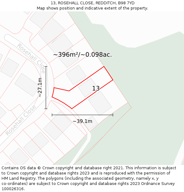 13, ROSEHALL CLOSE, REDDITCH, B98 7YD: Plot and title map