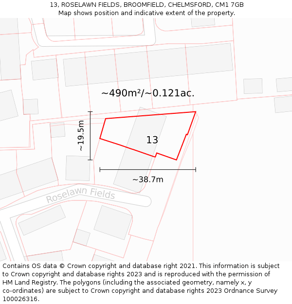 13, ROSELAWN FIELDS, BROOMFIELD, CHELMSFORD, CM1 7GB: Plot and title map