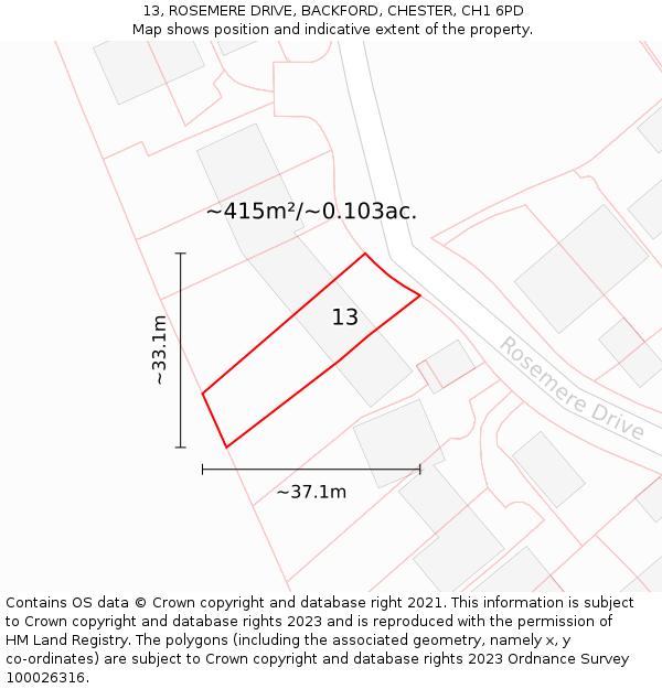 13, ROSEMERE DRIVE, BACKFORD, CHESTER, CH1 6PD: Plot and title map