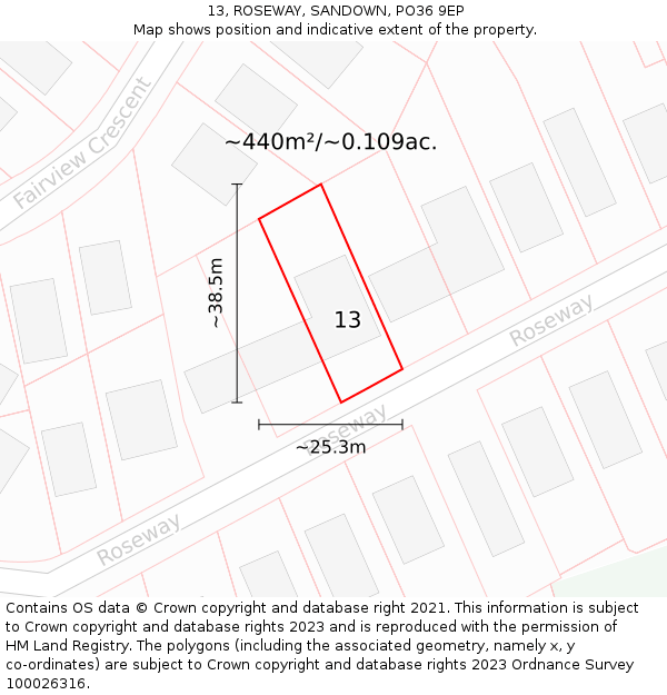 13, ROSEWAY, SANDOWN, PO36 9EP: Plot and title map