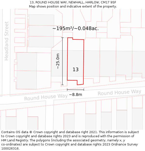 13, ROUND HOUSE WAY, NEWHALL, HARLOW, CM17 9SF: Plot and title map