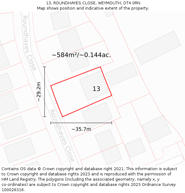 13, ROUNDHAYES CLOSE, WEYMOUTH, DT4 0RN: Plot and title map