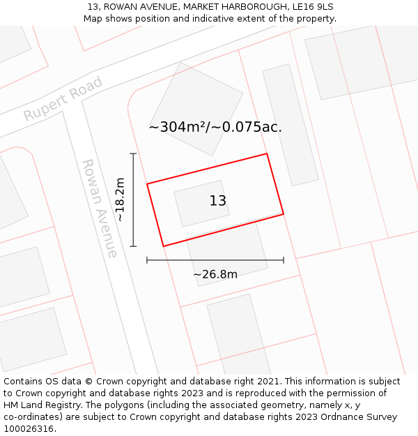 13, ROWAN AVENUE, MARKET HARBOROUGH, LE16 9LS: Plot and title map
