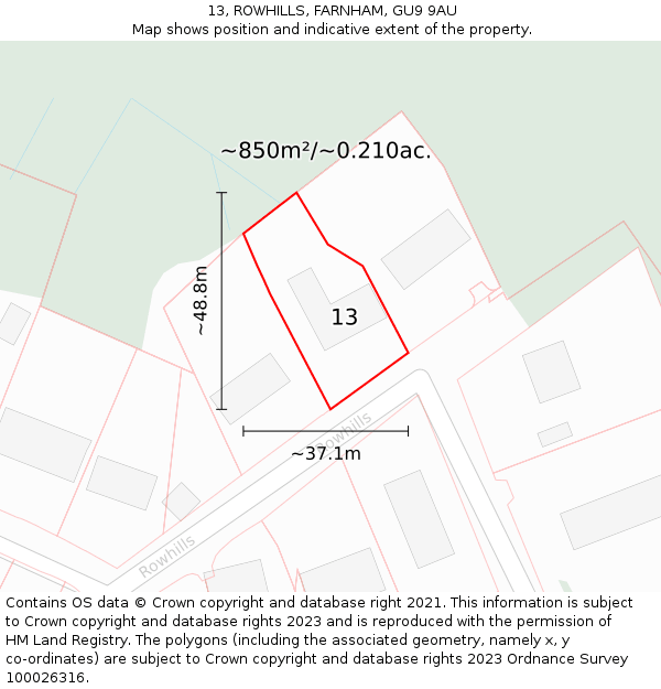 13, ROWHILLS, FARNHAM, GU9 9AU: Plot and title map