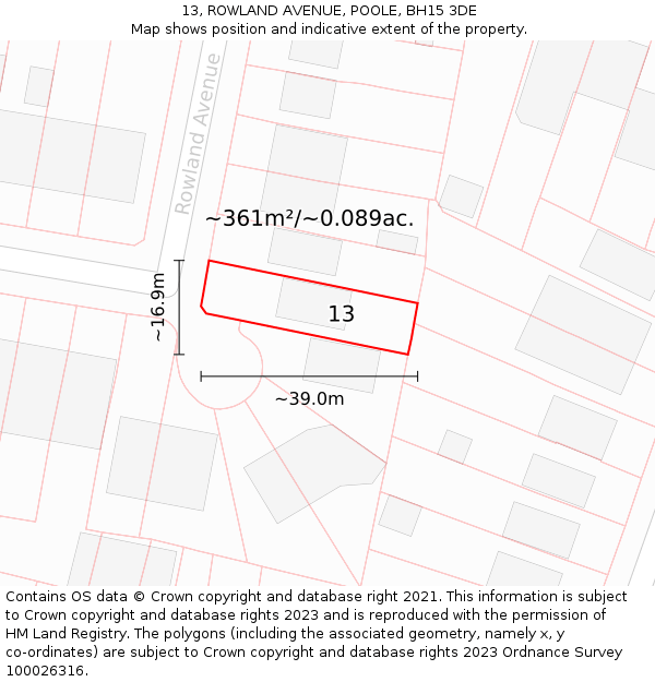 13, ROWLAND AVENUE, POOLE, BH15 3DE: Plot and title map