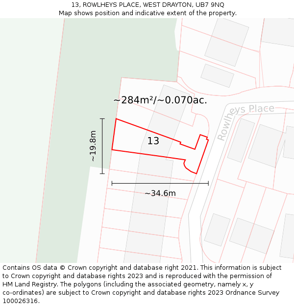 13, ROWLHEYS PLACE, WEST DRAYTON, UB7 9NQ: Plot and title map