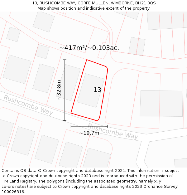 13, RUSHCOMBE WAY, CORFE MULLEN, WIMBORNE, BH21 3QS: Plot and title map