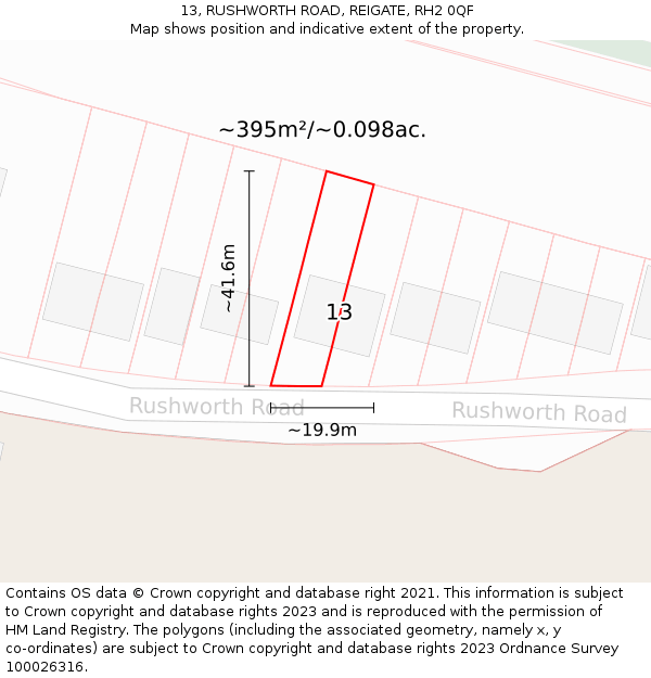 13, RUSHWORTH ROAD, REIGATE, RH2 0QF: Plot and title map