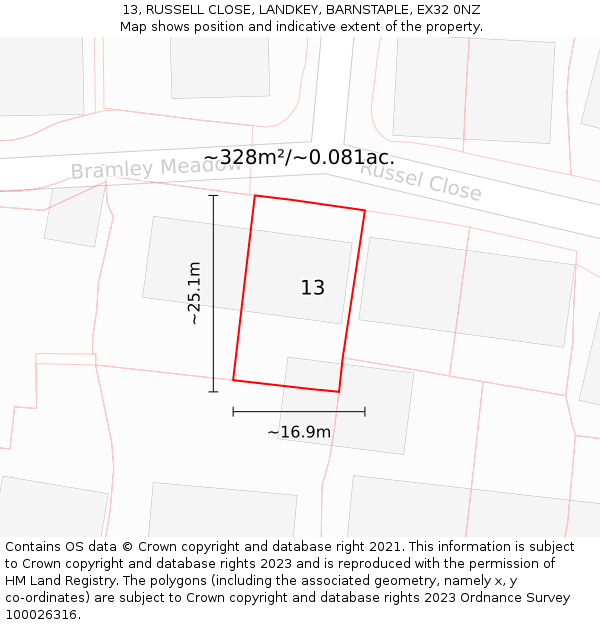 13, RUSSELL CLOSE, LANDKEY, BARNSTAPLE, EX32 0NZ: Plot and title map