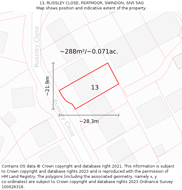 13, RUSSLEY CLOSE, PEATMOOR, SWINDON, SN5 5AG: Plot and title map