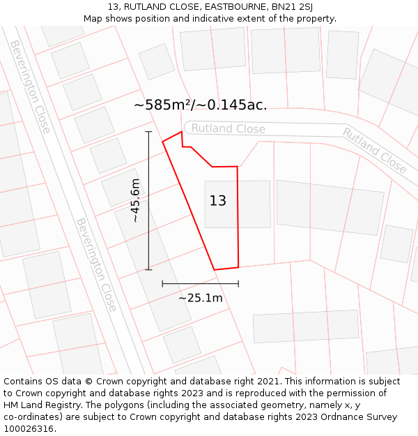 13, RUTLAND CLOSE, EASTBOURNE, BN21 2SJ: Plot and title map