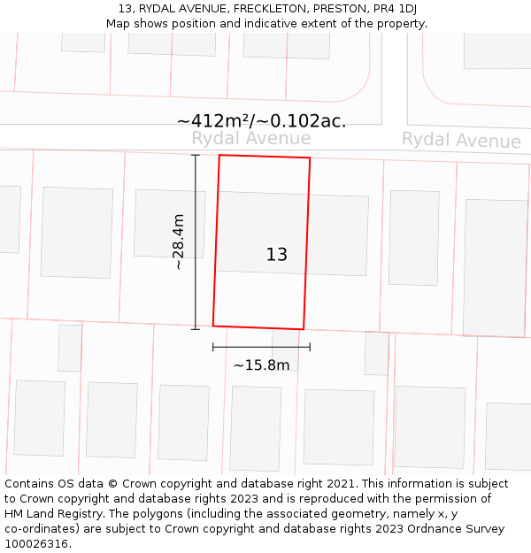 13, RYDAL AVENUE, FRECKLETON, PRESTON, PR4 1DJ: Plot and title map