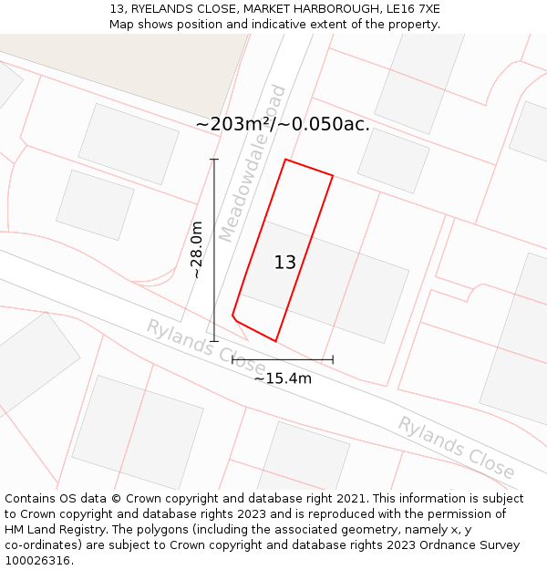 13, RYELANDS CLOSE, MARKET HARBOROUGH, LE16 7XE: Plot and title map