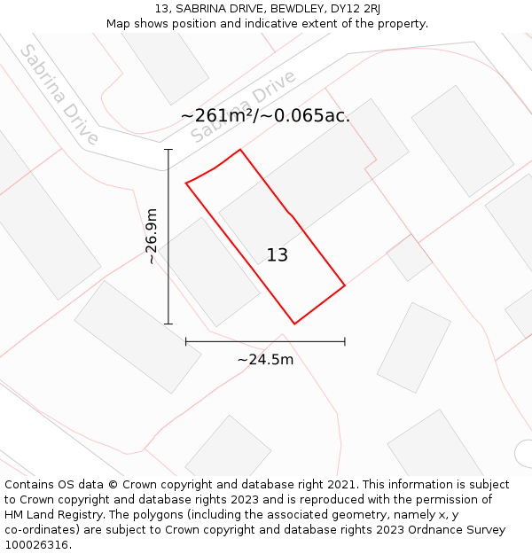 13, SABRINA DRIVE, BEWDLEY, DY12 2RJ: Plot and title map