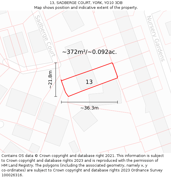 13, SADBERGE COURT, YORK, YO10 3DB: Plot and title map