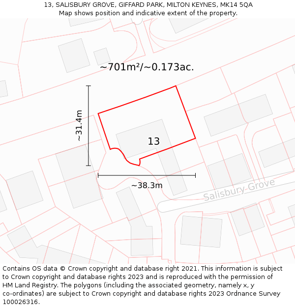 13, SALISBURY GROVE, GIFFARD PARK, MILTON KEYNES, MK14 5QA: Plot and title map