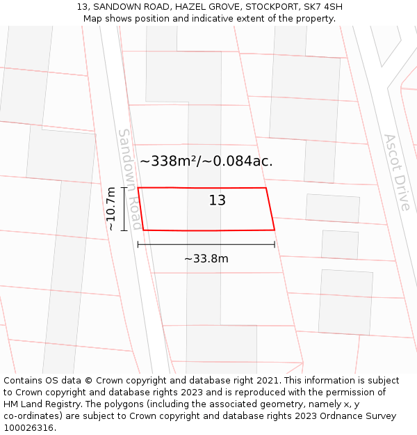 13, SANDOWN ROAD, HAZEL GROVE, STOCKPORT, SK7 4SH: Plot and title map