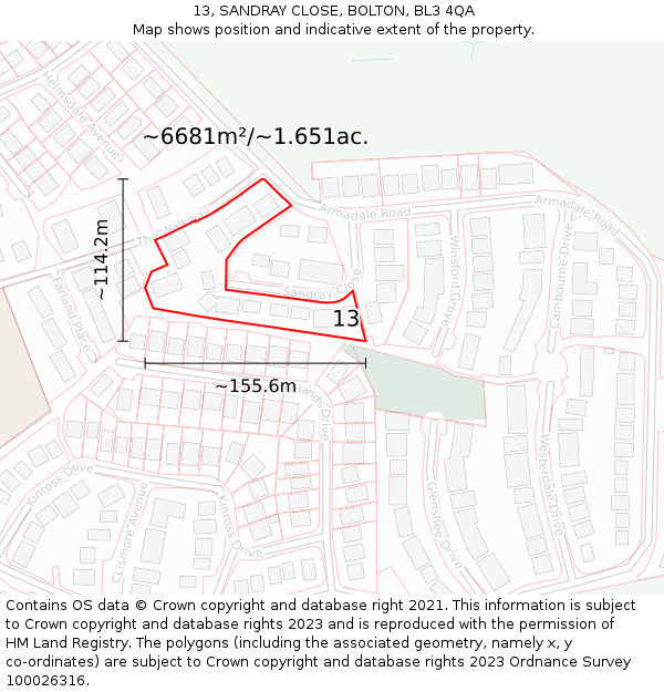 13, SANDRAY CLOSE, BOLTON, BL3 4QA: Plot and title map