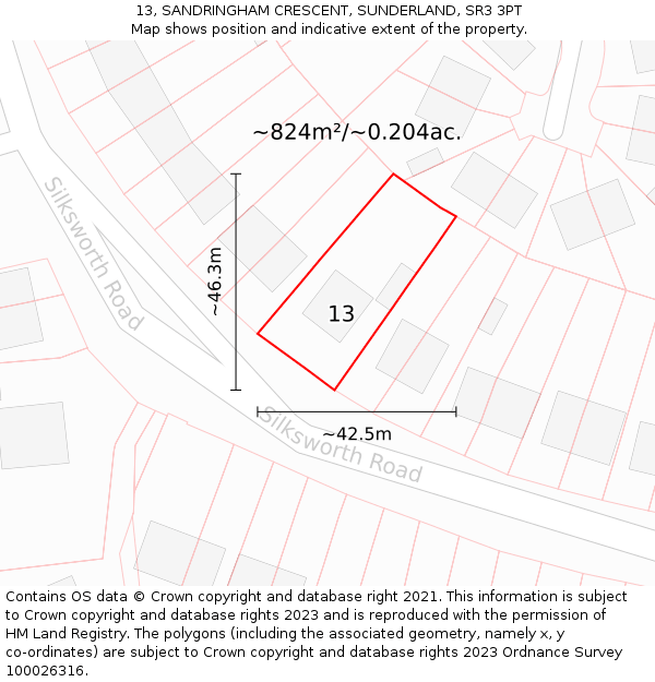 13, SANDRINGHAM CRESCENT, SUNDERLAND, SR3 3PT: Plot and title map