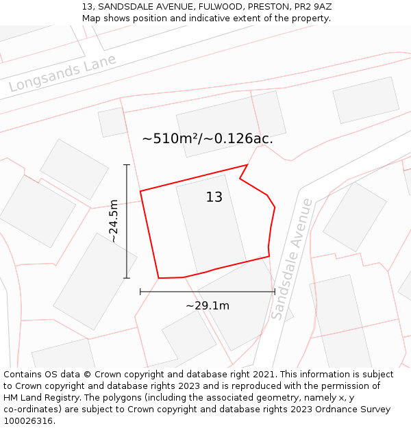 13, SANDSDALE AVENUE, FULWOOD, PRESTON, PR2 9AZ: Plot and title map