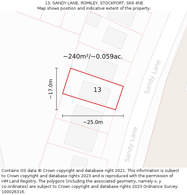 13, SANDY LANE, ROMILEY, STOCKPORT, SK6 4NE: Plot and title map