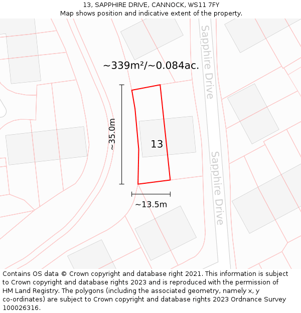 13, SAPPHIRE DRIVE, CANNOCK, WS11 7FY: Plot and title map