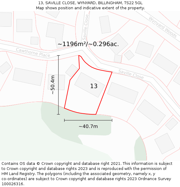 13, SAVILLE CLOSE, WYNYARD, BILLINGHAM, TS22 5GL: Plot and title map