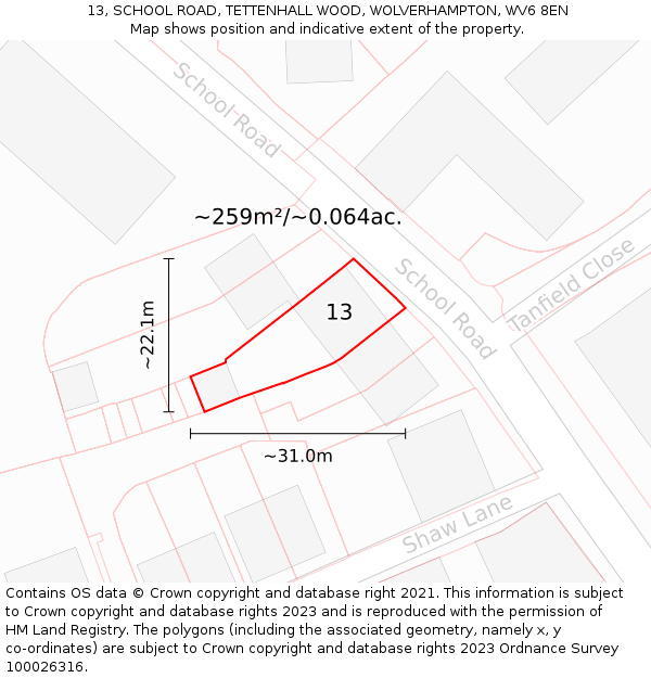 13, SCHOOL ROAD, TETTENHALL WOOD, WOLVERHAMPTON, WV6 8EN: Plot and title map