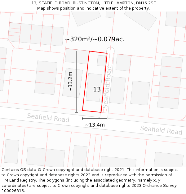 13, SEAFIELD ROAD, RUSTINGTON, LITTLEHAMPTON, BN16 2SE: Plot and title map
