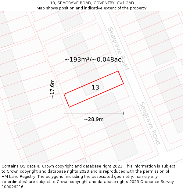 13, SEAGRAVE ROAD, COVENTRY, CV1 2AB: Plot and title map