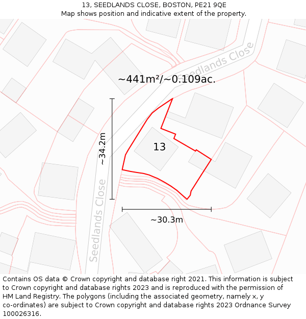 13, SEEDLANDS CLOSE, BOSTON, PE21 9QE: Plot and title map