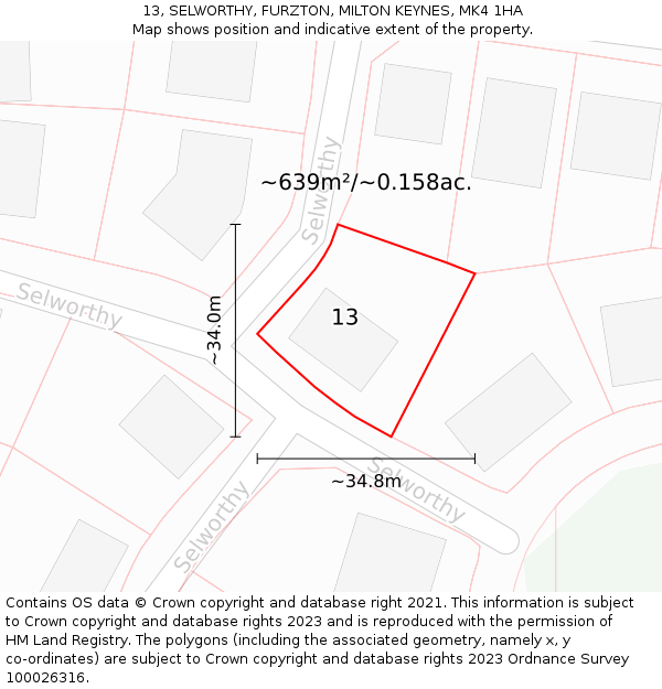 13, SELWORTHY, FURZTON, MILTON KEYNES, MK4 1HA: Plot and title map