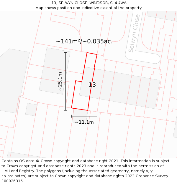 13, SELWYN CLOSE, WINDSOR, SL4 4WA: Plot and title map