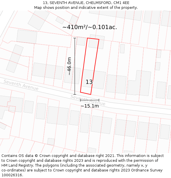 13, SEVENTH AVENUE, CHELMSFORD, CM1 4EE: Plot and title map