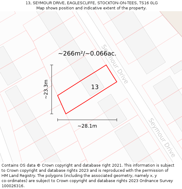 13, SEYMOUR DRIVE, EAGLESCLIFFE, STOCKTON-ON-TEES, TS16 0LG: Plot and title map