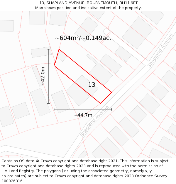 13, SHAPLAND AVENUE, BOURNEMOUTH, BH11 9PT: Plot and title map