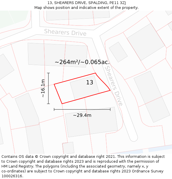 13, SHEARERS DRIVE, SPALDING, PE11 3ZJ: Plot and title map