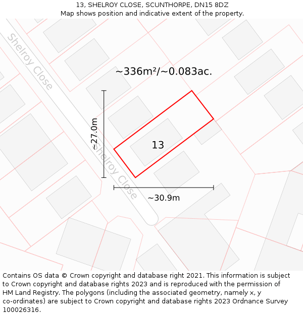 13, SHELROY CLOSE, SCUNTHORPE, DN15 8DZ: Plot and title map