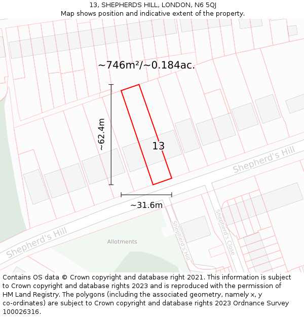 13, SHEPHERDS HILL, LONDON, N6 5QJ: Plot and title map