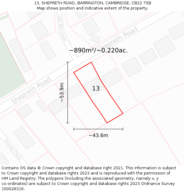 13, SHEPRETH ROAD, BARRINGTON, CAMBRIDGE, CB22 7SB: Plot and title map