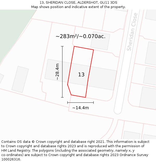 13, SHERIDAN CLOSE, ALDERSHOT, GU11 3DS: Plot and title map