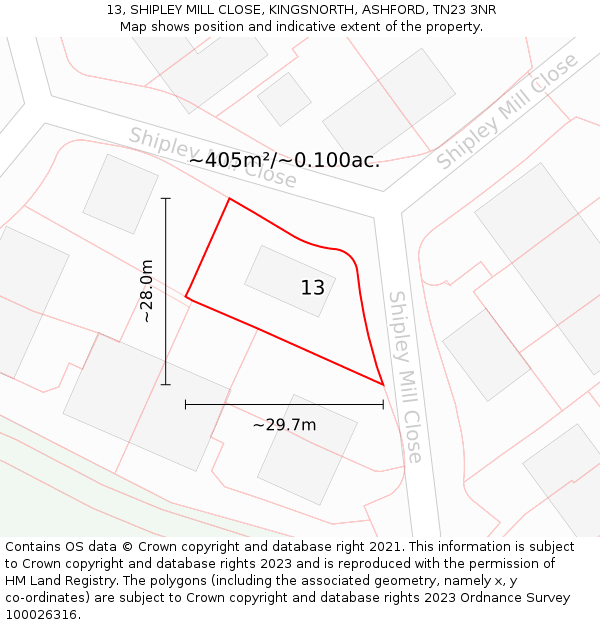 13, SHIPLEY MILL CLOSE, KINGSNORTH, ASHFORD, TN23 3NR: Plot and title map