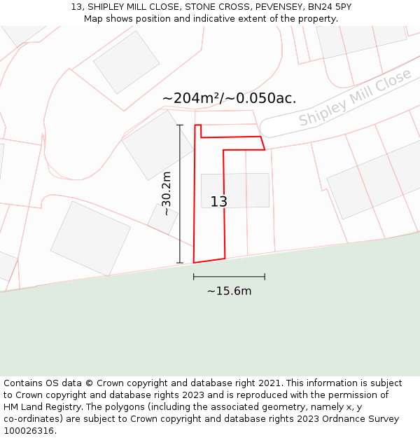 13, SHIPLEY MILL CLOSE, STONE CROSS, PEVENSEY, BN24 5PY: Plot and title map
